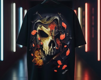 Maglietta oversize con teschio cremisi – Rock Chang x Dinos, cotone serigrafato