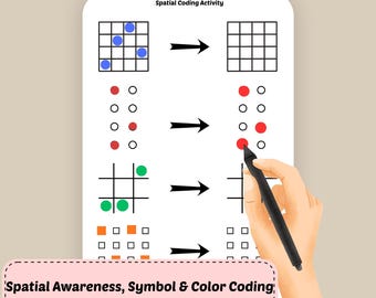 Może przedstawiać: Arkusz ćwiczeń 4-Page Early Logic & Coding Pack zatytułowany Spatial Coding Activity. Zawiera siatki, wzory z kropkami, plansze do gry w kółko i krzyżyk oraz kwadratowe ikony ze strzałkami wskazującymi ruch przestrzenny i kolory.
