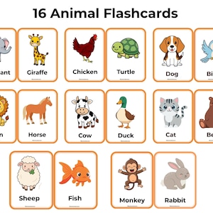 May include: Sixteen animal flashcards with illustrations of various animals, including an elephant, giraffe, chicken, turtle, dog, bird, lion, horse, cow, duck, cat, bear, sheep, fish, monkey, and rabbit. The text "16 Animal Flashcards" is at the top.