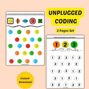 Könnte beinhalten: Zwei pädagogische Arbeitsblätter mit dem Titel UNPLUGGED CODING 2 Pages Set. Ein Blatt enthält einen farbcodierten Schlüssel mit Formen und Punkten, das andere ist ein Color the Numbers by the Code Arbeitsblatt mit den Zahlen eins, zwei und drei.