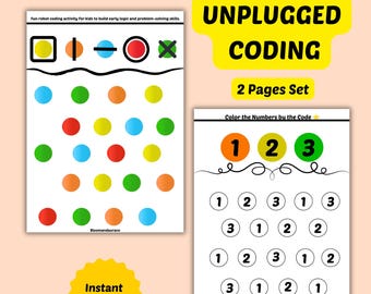Może przedstawiać: Dwa arkusze edukacyjne zatytułowane UNPLUGGED CODING 2 Pages Set. Jeden arkusz zawiera klucz kodowania kolorami z kształtami i kropkami, a drugi to arkusz Color the Numbers by the Code z liczbami jeden, dwa i trzy w kółkach.