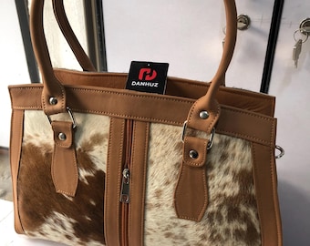 Cowhide Leather Handbag | Genuine Hair-On Hide Tote Bag for Women - Brown & White Shoulder Bag
