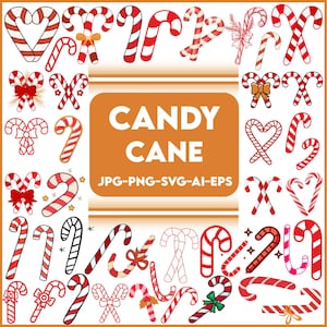 Puede incluir: Una colección de diseños de bastones de caramelo en rojo y blanco, con lazos y otros elementos decorativos. La imagen incluye el texto "CANDY CANE" y opciones de tipo de archivo, ideal para proyectos festivos.