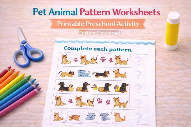 Pet Animals Pattern Worksheet: Cut & Paste Activity (printable PDF) - Etsy