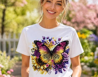 Schmetterling Blumen T-Shirt Design PNG, lila gelbe Sonnenblume Clipart (digitaler Download)