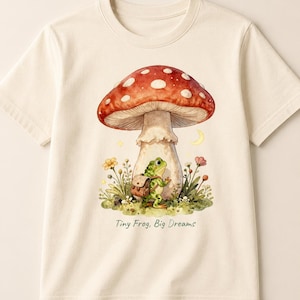 Liten groda-svamp-t-shirtdesign | Nyckfull Cottagecore-groda Clipart (digital nedladdning)