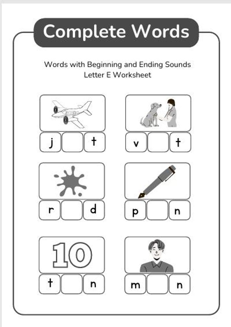 Letter E Phonics Worksheet: Complete the Words (printable PDF) - Etsy