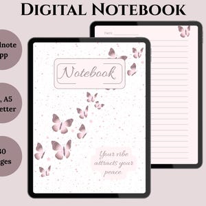 May include: Digital notebook design featuring two tablets. One displays a lined page, the other a cover with butterflies and the word "Notebook." The cover also includes the text "Your vibe attracts your peace."