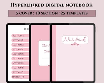 Cuaderno digital estético, cuaderno digital rosa, cuaderno GoodNotes, cuaderno para iPad, cuaderno para estudiantes, cuaderno con pestañas con hipervínculos.