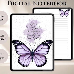 May include: Digital notebook with a butterfly theme. The cover features a large purple butterfly and the quote, "Like a butterfly, she transforms quietly but beautifully." The notebook is designed for the Goodnotes app and includes 20 pages, A4, A5, and US Letter sizes.