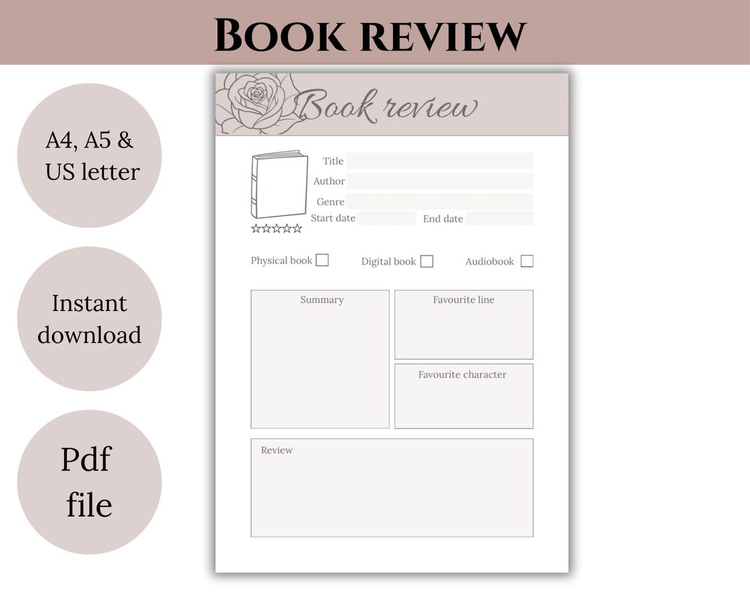 Minimalist Book Review Template • Reading Journal Page (printable PDF ...