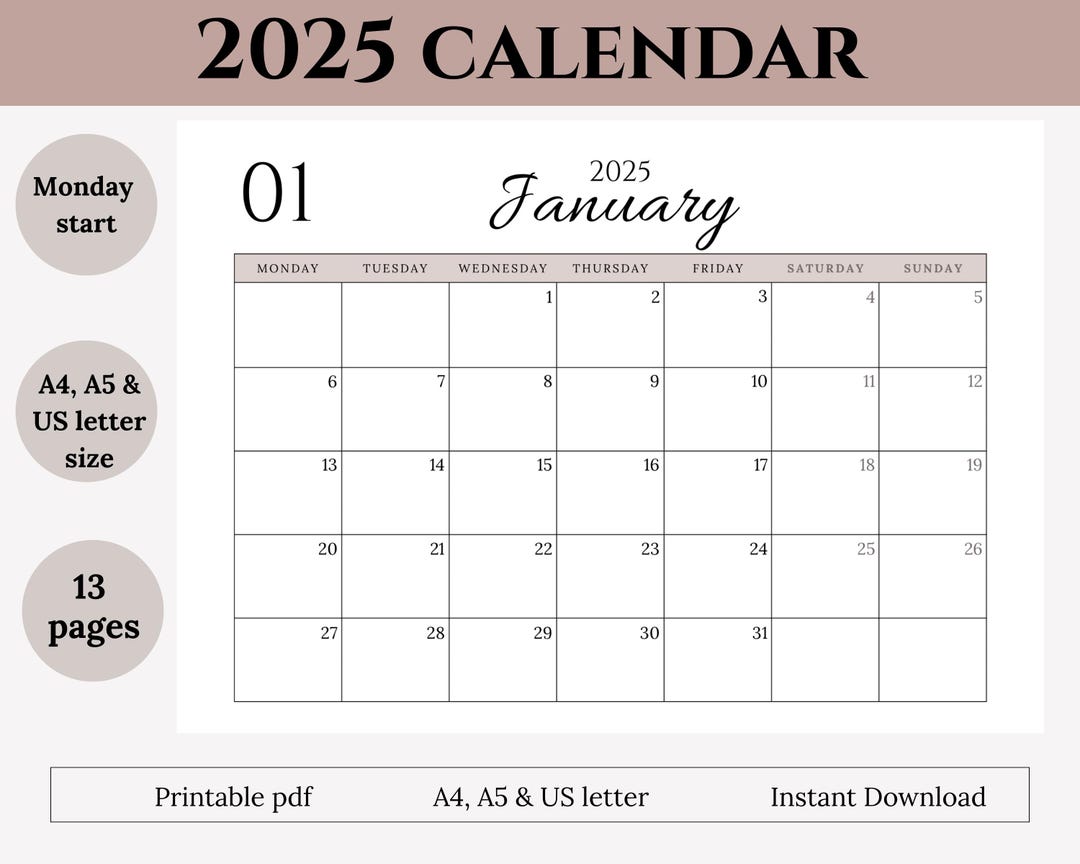 2025 Minimalist Calendar Printable | A4, A5 & US Letter (PDF) - Etsy UK