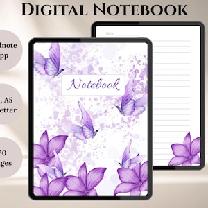 May include: Digital notebook with a purple butterfly and floral design. The cover features the word "Notebook" in script. The notebook is designed for the Goodnotes app and is available in A4, A5, and US Letter sizes, with 20 pages.