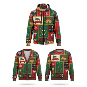Pull de Noël patchwork, cardigan et sweat à capuche zippé, tenue festive
