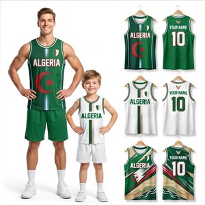 May include: A collection of basketball jerseys and shorts featuring the Algeria national flag colors, green and white, with the text ALGERIA, YOUR NAME, and the number 10 printed on the garments. The designs include various patterns and emblems.