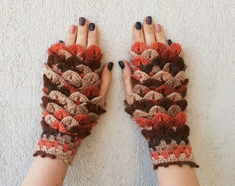 Fingerless gloves Fingerless mittens Knit gloves Boho glove mittens Girl's wool fingerless gloves Dragon scale gloves in cinnamon brown