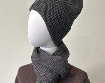 Merino Wool Hat & Scarf Set — Extra-Fine Rib Knit, Soft on Skin, Warm, Not Bulky, Unisex Gift