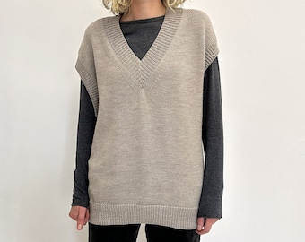 Chaleco suéter de lana, Chaleco de lana de punto, Chaleco de gran tamaño, Chaleco de jersey de lana para mujer, Chaleco de punto de lana sin mangas, Chaleco de cuello en V suave