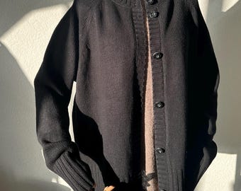 Black Merino Wool Cardigan | 100% Merino Wool Raglan Sweater | Minimalist Knitwear | Sustainable Handmade Women’s Cardigan