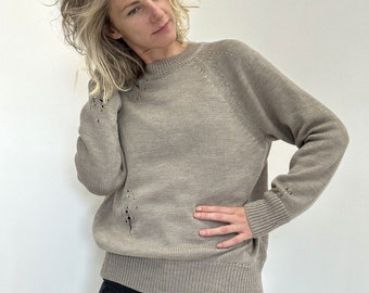 Hand-Knitted Distressed Wool Sweater: Oversized Raglan Jumper