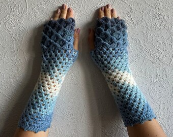 Crochet Fingerless Gloves: Blue White Lace, Scaled Mittens