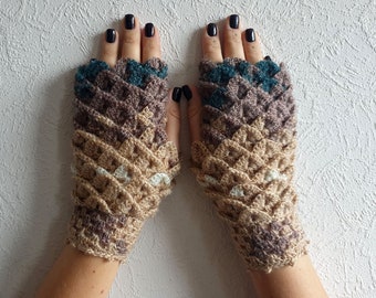 Handmade fingerless gloves Crocheted dragon scales mittens fingerless gloves Armwarmers Wristwarmers Womens gloves