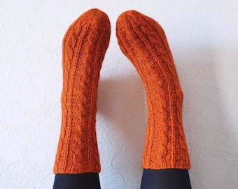 Hand Knit - Wool Socks. Cabled Warm and Soft Hand knitted light grey, dark grey, orange leg warm Ready to ship