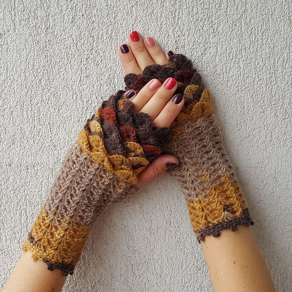Fingerless Gloves Crocheted crocodile stitch mittens - brown cinnamon mustard taupe Arm warmers  Fingerless Mareshop Dragons Gloves