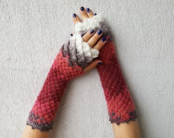 Dragon gloves Dragon scale gloves fingerless mittens - ruby red pink white taupe cute arm warmers Dragons gloves Mermaid gloves Mareshop