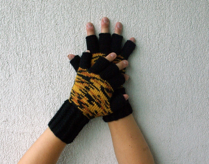 Men's Fingerless Gloves Gift For Boyfriend Husband Dad Fingerless Gloves Black orange yellow Etsy Dudes image 2