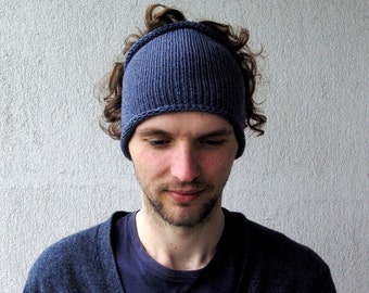 Knit Mens Headband Guys knit hair wrap Dread band blue - gray.