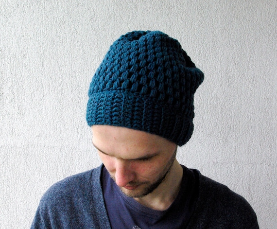 Men s Slouchy Beanie Hand Knit Hat for Men Beanie Winter Hat Crochet Slouch Hat Oversized Beanie Teal Knit Hat Chunky Knit Etsy UK