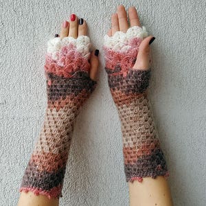 Fingerless gloves Wrist warmers Baselayer Scaled Fingerless mittens cute arm warmers in brown pink white Womens fingerless gloves Lacy glove image 2