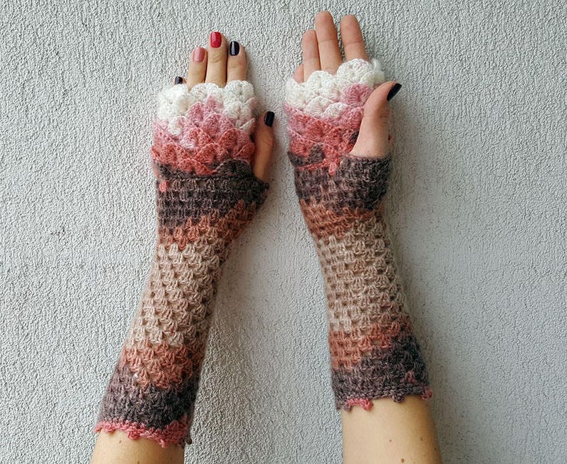 Fingerless gloves Wrist warmers Baselayer Scaled Fingerless mittens cute arm warmers in brown pink white Womens fingerless gloves Lacy glove image 2