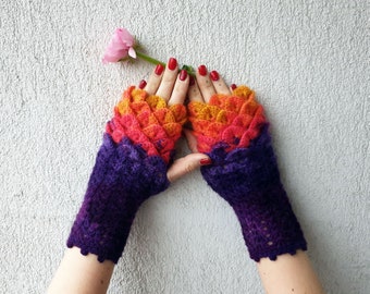 Dragon scale gloves Crochet wrist warmers Knit arm warmers Scaled fingerless mittens Long driving gloves Ladies winter gloves open finger