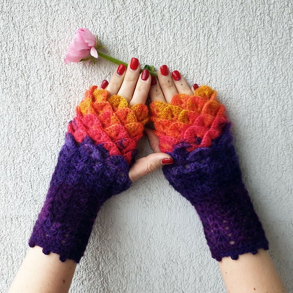 Dragon scale gloves Crochet wrist warmers Knit arm warmers Scaled fingerless mittens Long driving gloves Ladies winter gloves open finger