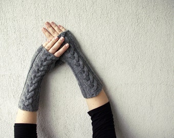 Knit Fingerless Gloves Knit  Fingerless Gloves Light grey Hand-knitted Cabled Warmers Gloves & Mittens