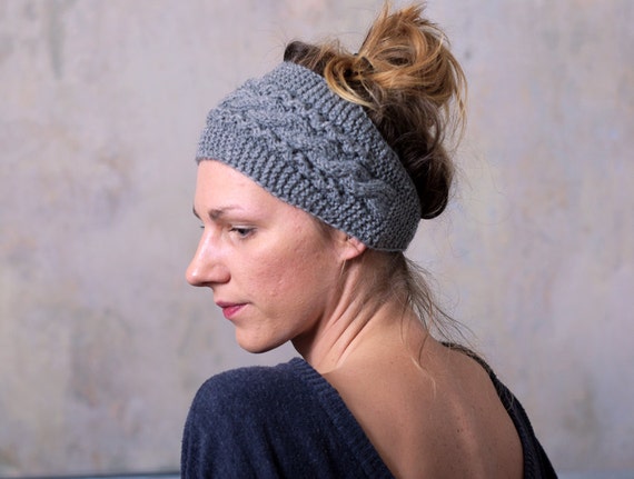 Knitted Headband Ear Warmer Cable Knit- Button Closure Ear