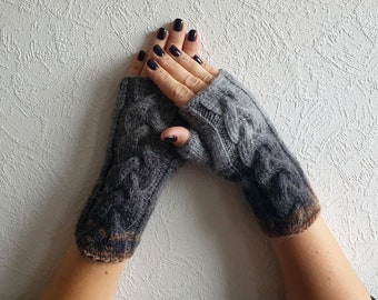 Fingerless Gloves Grey Wrist Warmers Dark Grey Cabled gloves Knit Arm Warmers Women's Hand Warmers Hand-Knitted Wrist Warmers