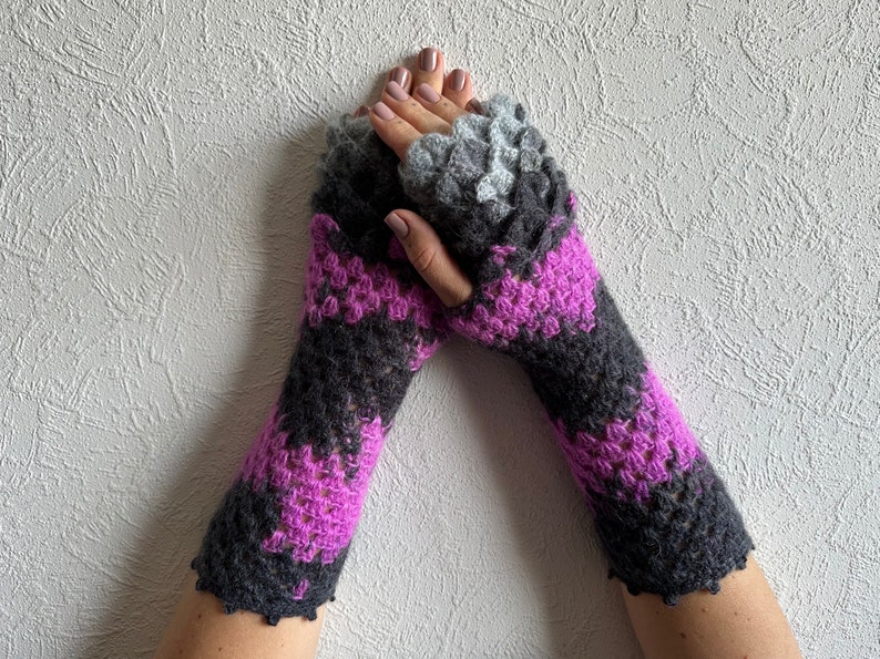 Fingerless gloves Long wrist warmers Steampunk gloves Grey Purple Goth arm warmers Womens gloves Handmade wrist warmers image 2