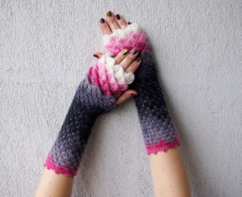 Fingerless gloves Wrist warmers Cute arm warmers in pink gray white Womens fingerless gloves Lacy gloves Scaled Fingerless mittens image 1