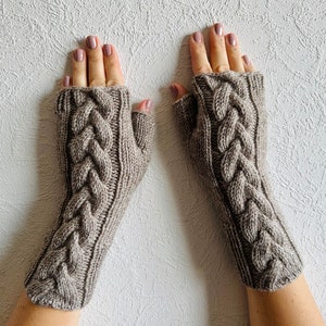 Knit Fingerless Gloves Taupe Arm Warmers Hand-knitted Cabled Warmers Gloves & Mittens Women’s Gloves