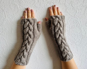 Knit Fingerless Gloves Taupe Arm Warmers Hand-knitted Cabled Warmers Gloves & Mittens Women’s Gloves