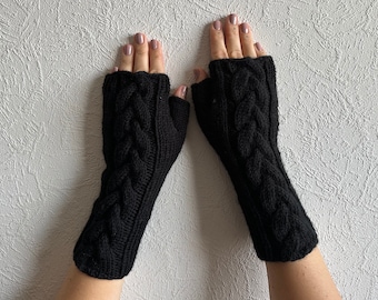 Knit Fingerless Gloves Black Arm Warmers Hand-knitted Cabled Warmers Gloves & Mittens Women’s Gloves