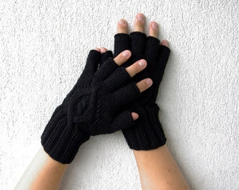 Men's Fingerless Gloves Black fingerless gloves gift for him Winter gloves Arm warmers Cable knit gloves Wool gloves fingerless Knit gloves