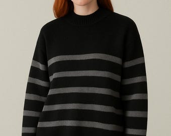 Hand-Knitted Merino Wool Striped Sweater: Oversized Jumper