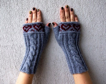 Knitted Fingerless Gloves/ Grey/ Gloves & Mittens/ Fingerless gloves mittens / Hand-knitted Cabled / Wrist Warmers Mittens