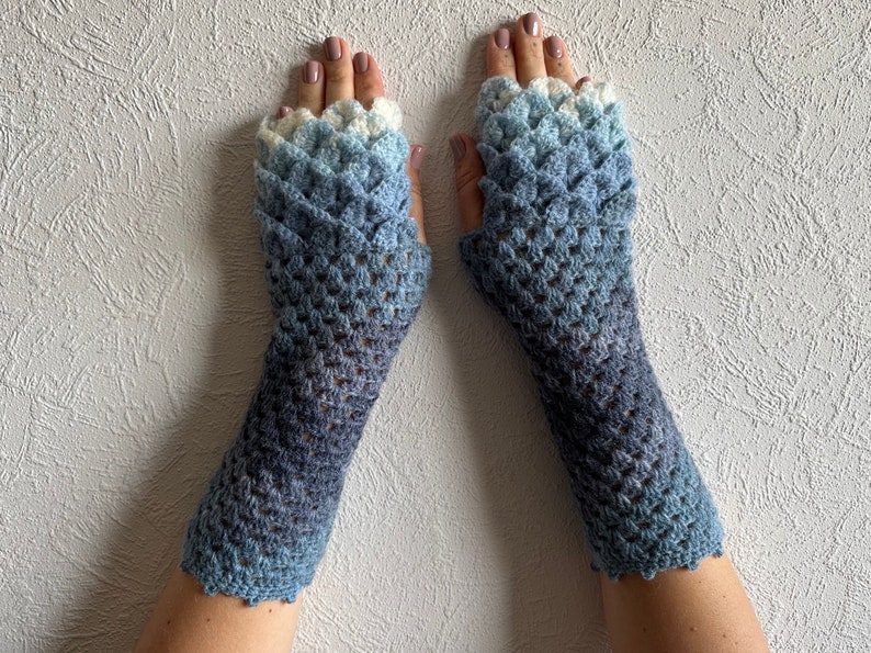 Dragon gloves Dragon scale gloves fingerless mittens white blue cute arm warmers Dragons gloves Mermaid gloves Mareshop image 2