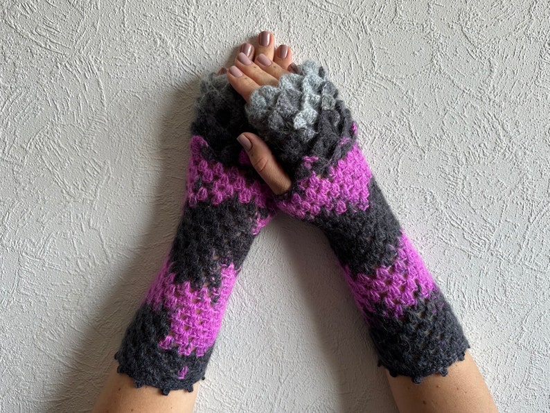 Fingerless gloves Long wrist warmers Steampunk gloves Grey Purple Goth arm warmers Womens gloves Handmade wrist warmers image 4