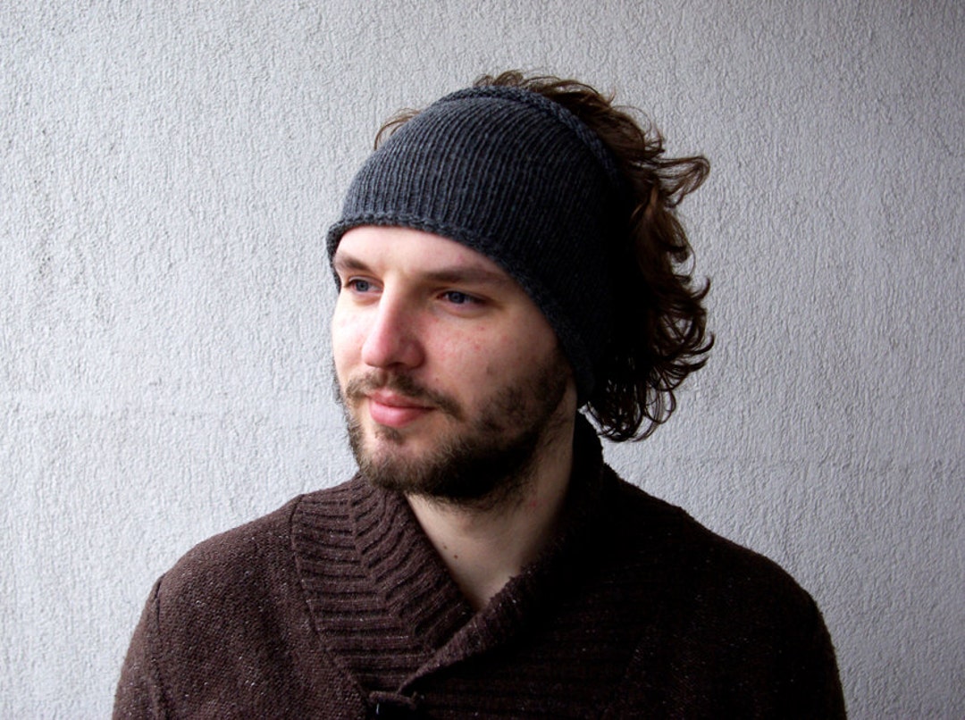 Knitted Mens Headband Guys Knit Hair Wrap Dark Grey light Grey Unisex